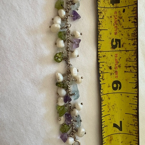 Pearl Amethyst Peridot Aquamarine Nugget Dangle Sterling Bracelet 925 7.5” - Picture 6 of 7